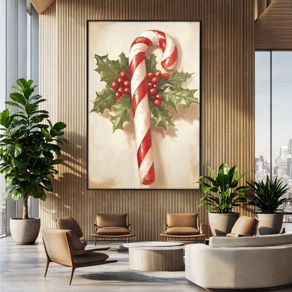 Tablou canvas cu pictura cu baston de zahar si frunze, in rama de aluminiu negru, pe perete intr-un birou